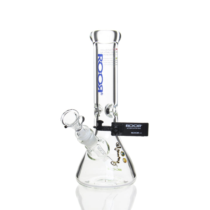 RooR Glass 10in 7mm Beaker Blue Label — 10in 7mm beaker bong with Blue Label branding