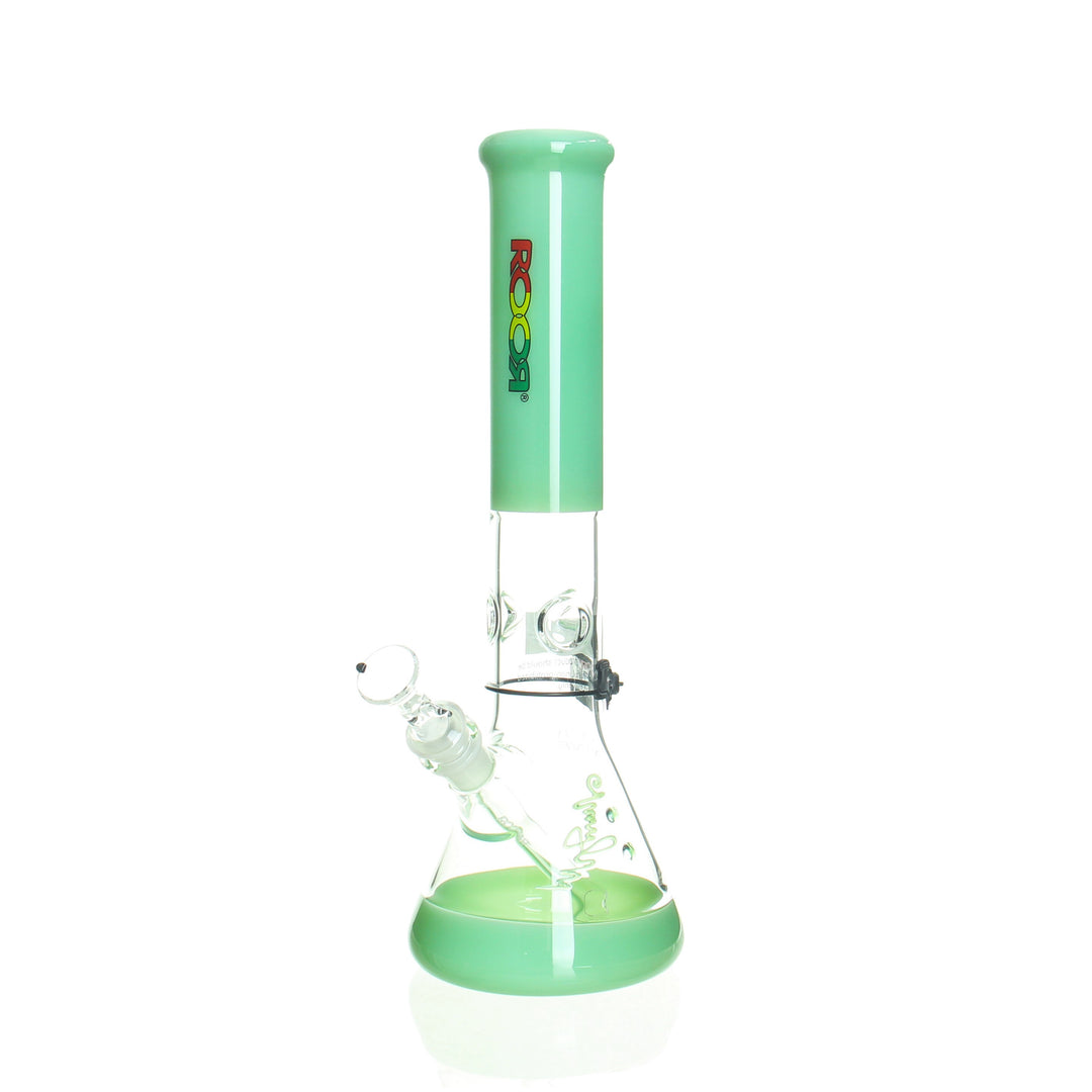 RooR Ninety Nine 14in Beaker Milky Green Rasta — 50x5mm beaker bong with milky green and Rasta accent label