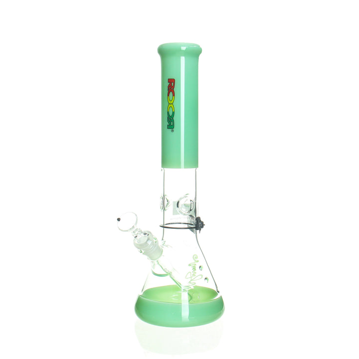 RooR Ninety Nine 14in Beaker Milky Green Rasta — 50x5mm beaker bong with milky green and Rasta accent label