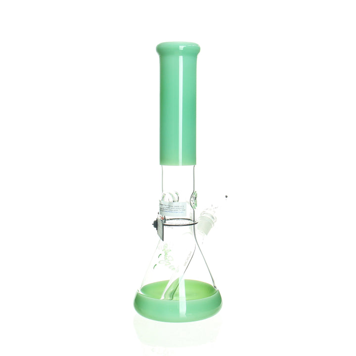 RooR Ninety Nine 14in Beaker Milky Green Rasta — milky green Rasta beaker bong shown from alternate angle