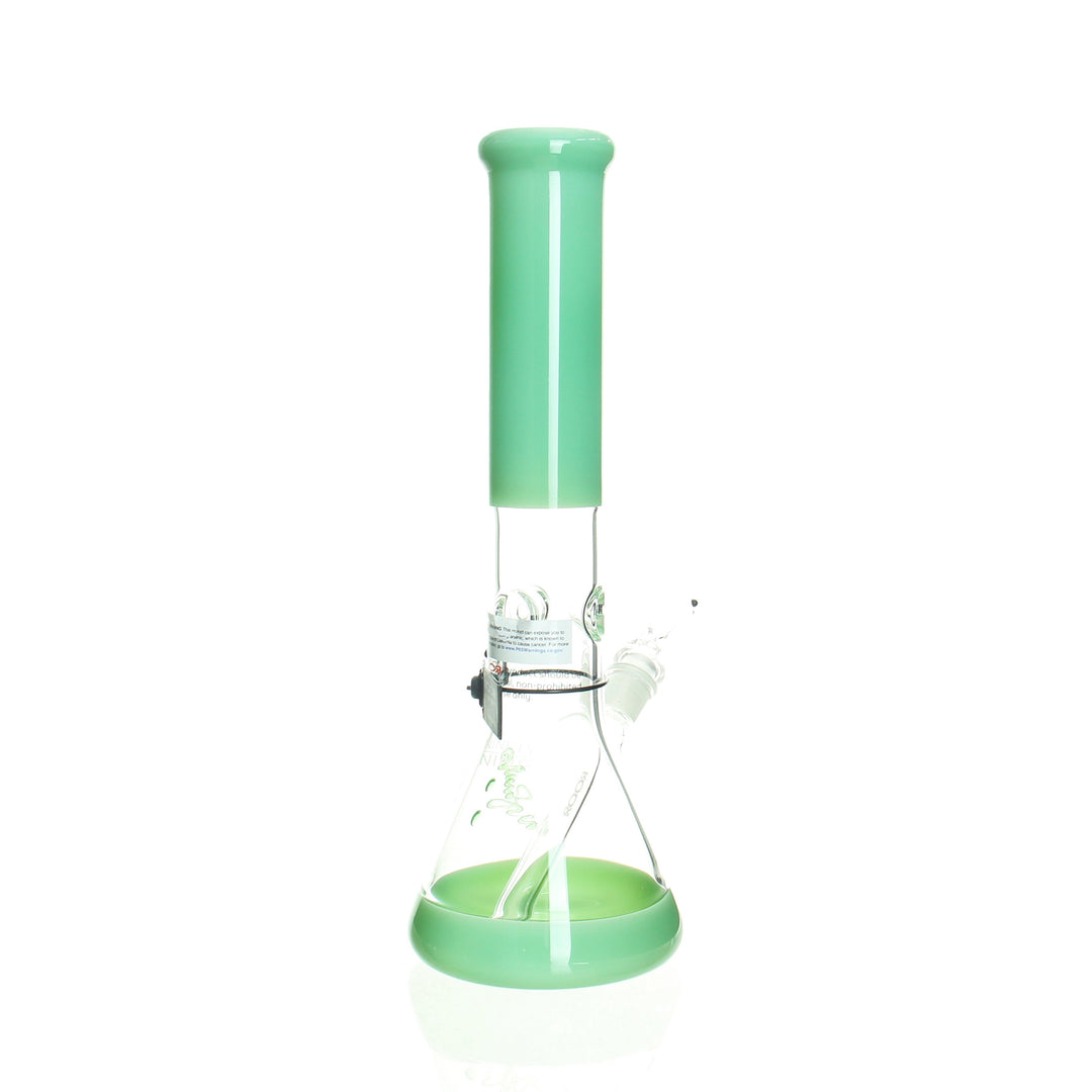 RooR Ninety Nine 14in Beaker Milky Green Rasta — milky green Rasta beaker bong shown from alternate angle