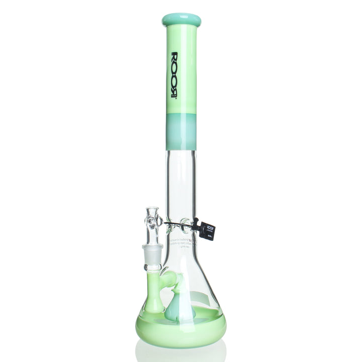 RooR Tech 18in Fixed Beaker Milky Green with Black Logo — 18in fixed-downstem beaker bong in milky green with black logo