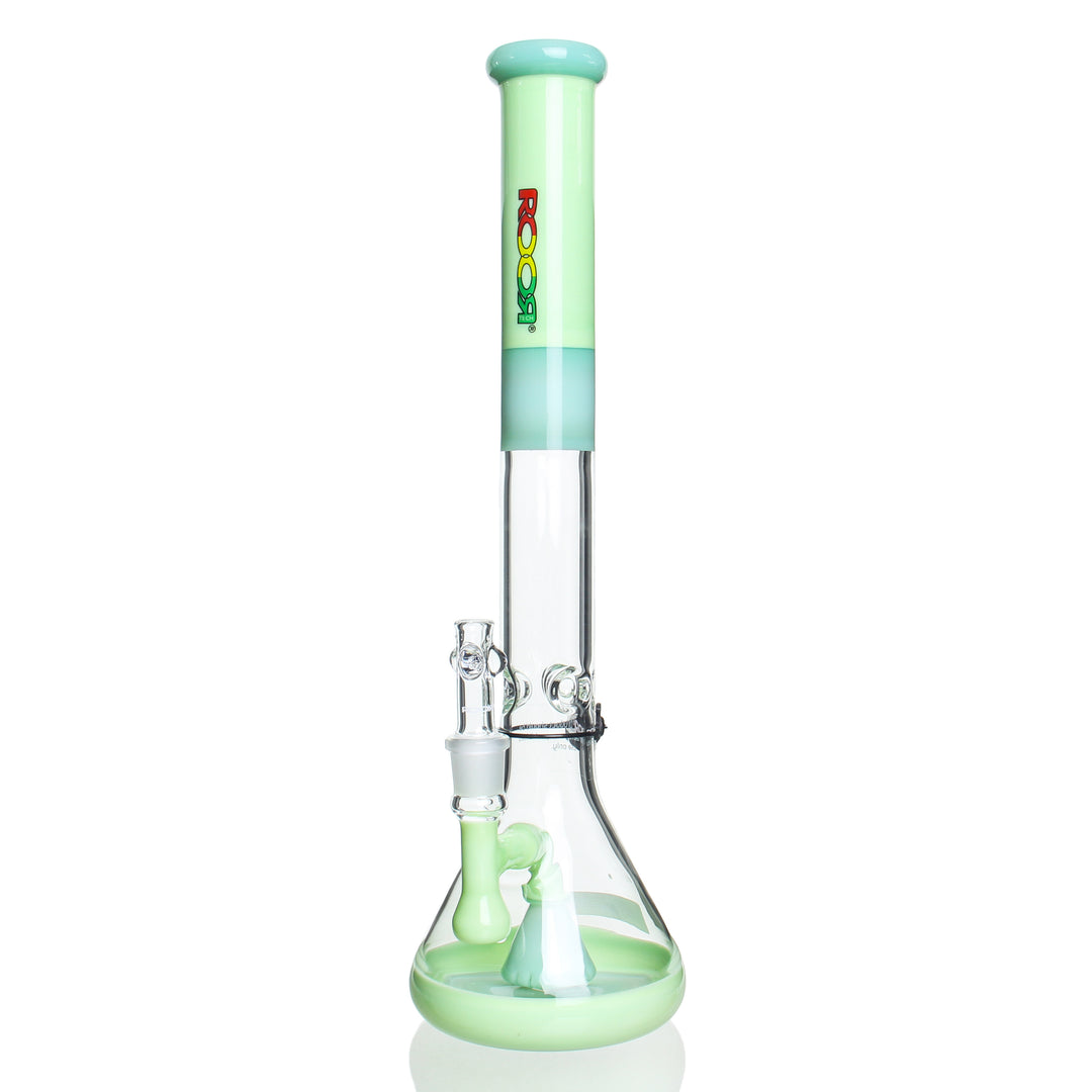 RooR Tech 18in Fixed Beaker Milky Green with Rasta Logo — 18in fixed-downstem beaker bong in milky green with rasta logo