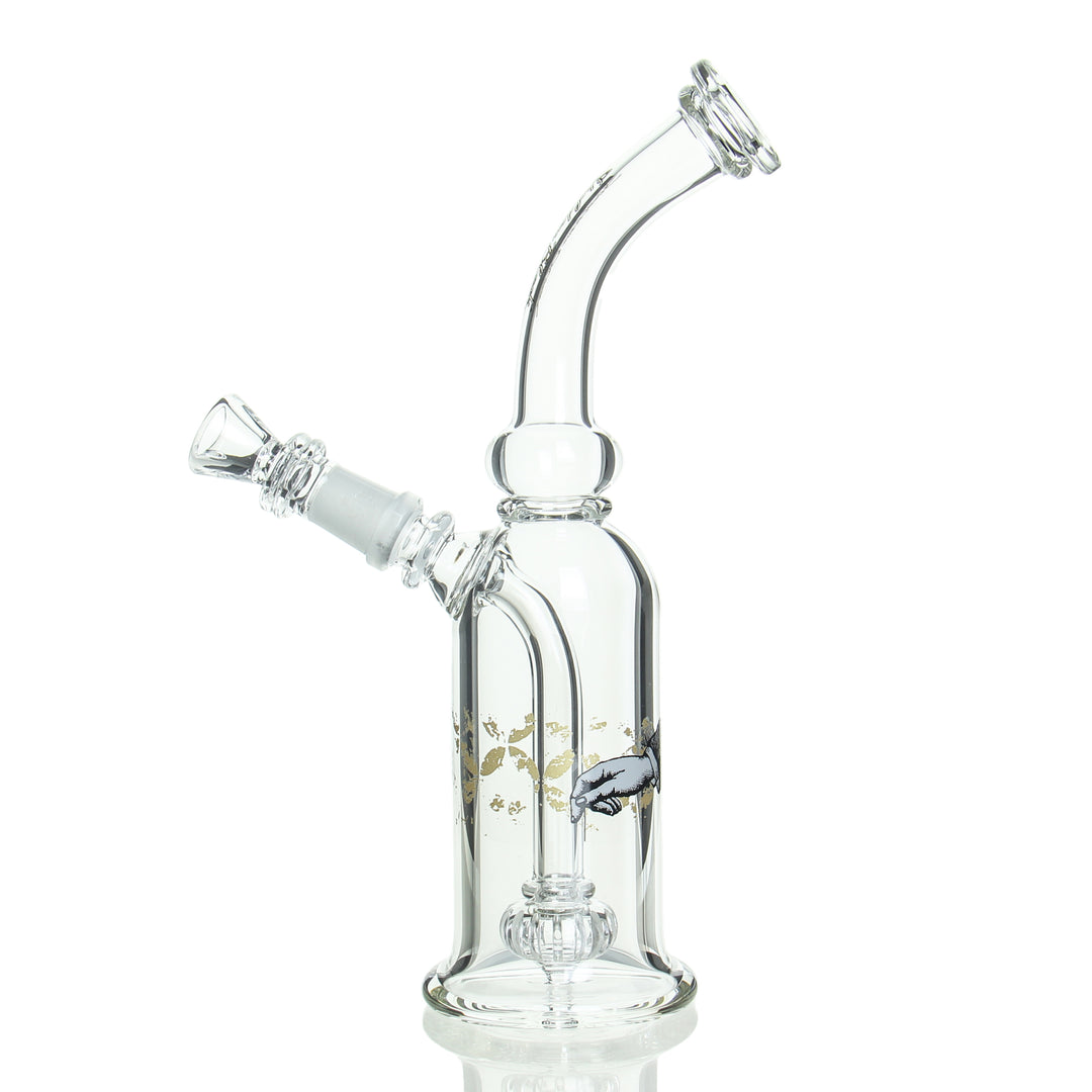 Sheldon Black The Bottle Bubbler Tightwire Brass — Tightwire Brass bottle bubbler etched artwork detail