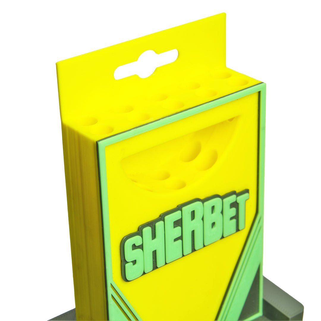 Sherbet Glass Crayon Box Stand Yellow Green Olive — yellow green olive crayon box stand from alternate angle