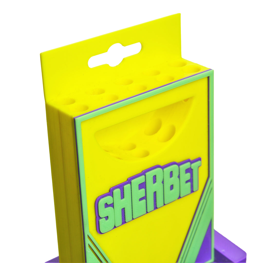 Sherbet Glass Crayon Box Stand Yellow Green Purple — yellow green purple crayon box stand from alternate angle