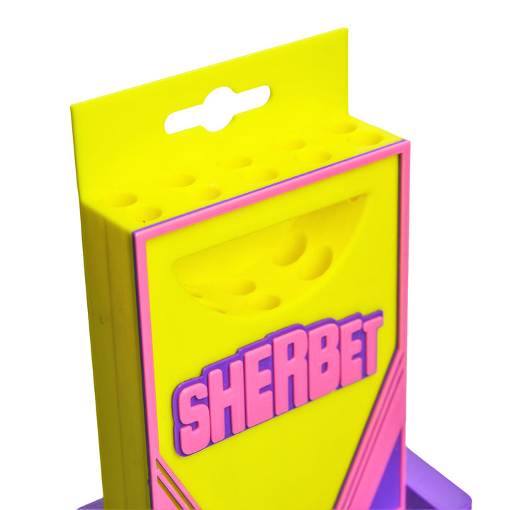 Sherbet Glass Crayon Box Stand Yellow Pink Purple — yellow pink purple crayon box stand from alternate angle