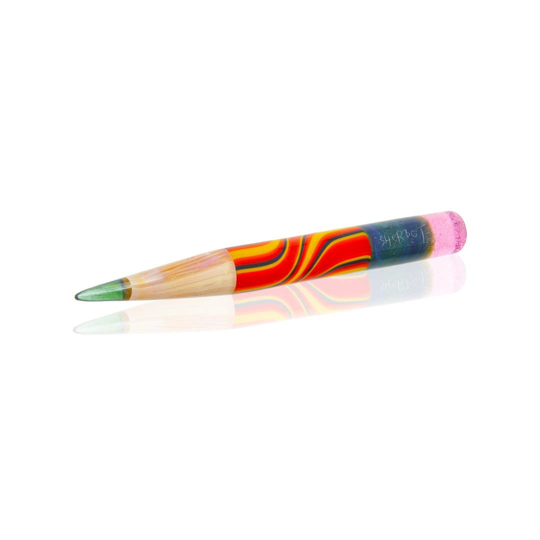 Sherbet Glass Fire Wig Wag Pencil — heat-resistant glass dabber tool with red and orange wig wag pattern, variant 1