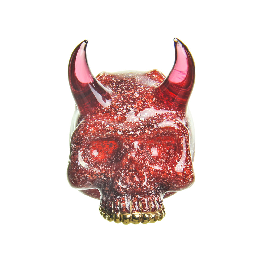 Sweeney Glass Kapala Skull Pendant Red Blizzard — handblown Kapala skull pendant in Red Blizzard colorway