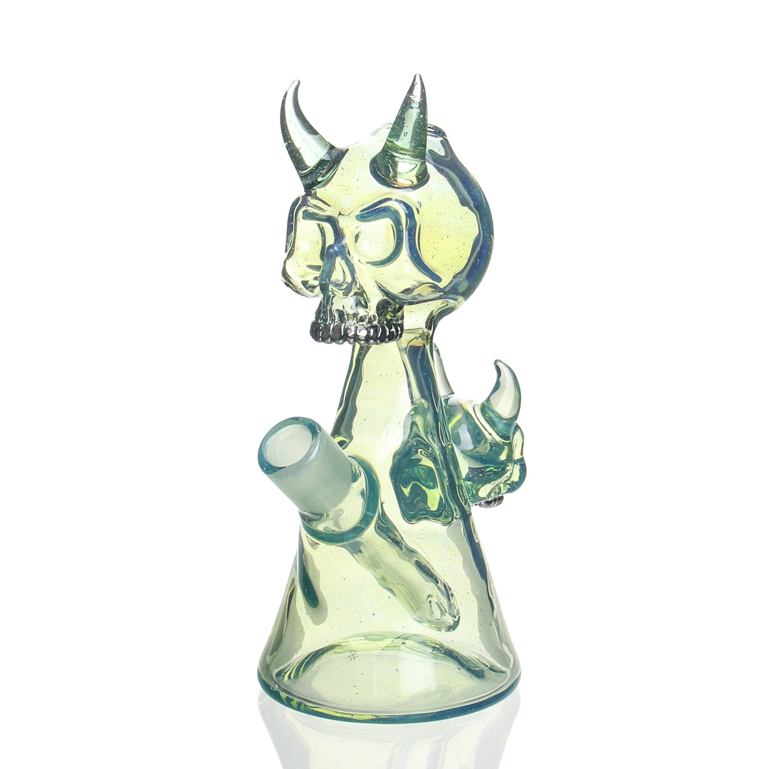 Sweeney Glass Skull Jammer with Horns Exp 19 — handblown skull jammer dab rig with horn detail, experimental piece 19