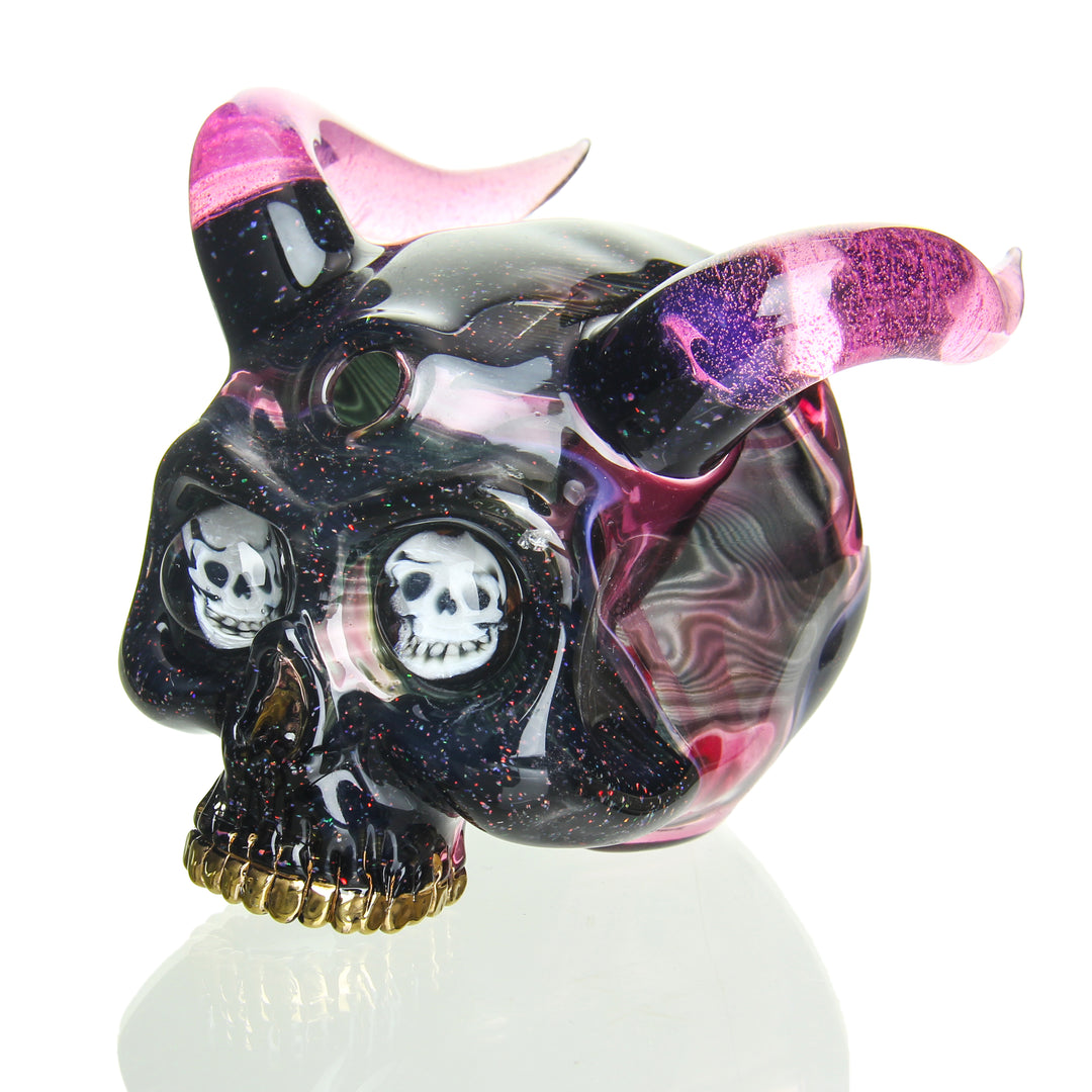 Sweeney Glass Kapala Skull with Horns and Millie Eyes Crushed Opal and Gold Amethyst — Kapala skull rig with horns and millie eyes in crushed opal and gold amethyst