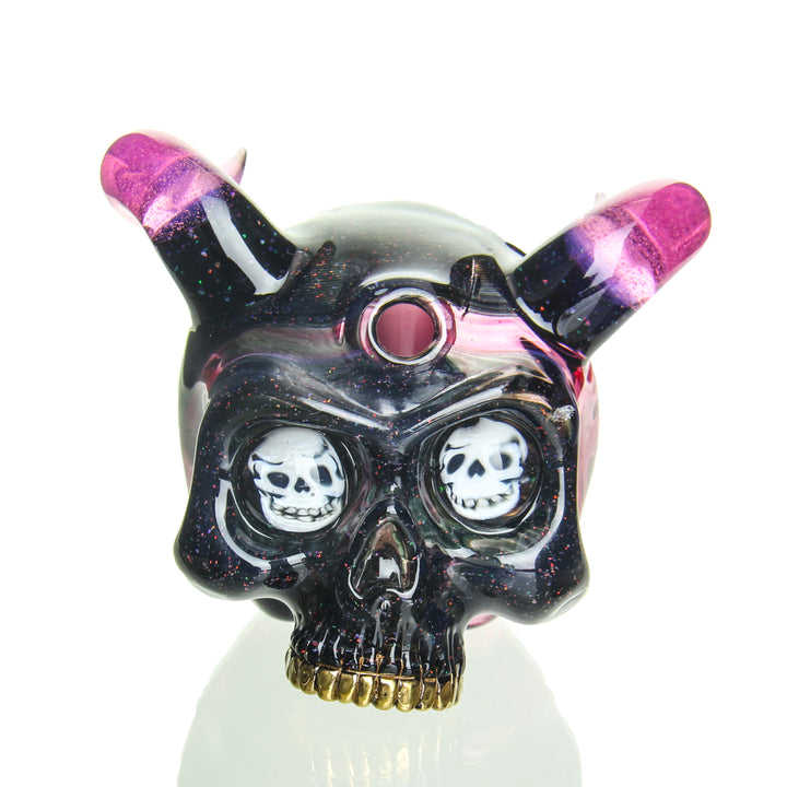 Sweeney Glass Kapala Skull with Horns and Millie Eyes Crushed Opal and Gold Amethyst — crushed opal Kapala skull shown from alternate angle
