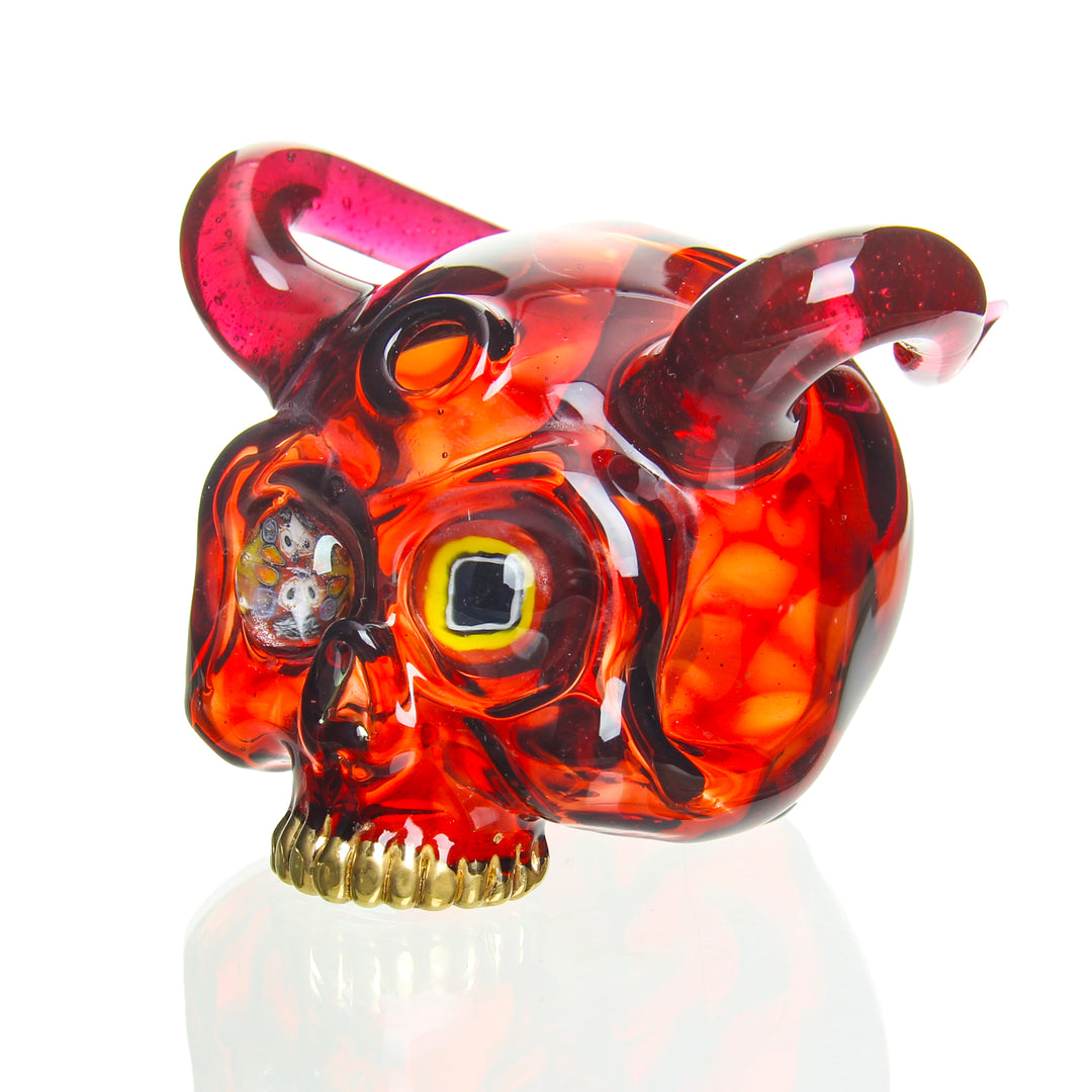 Sweeney Glass Kapala Skull with Horns and Millie Eyes Pomegranate and Gold Ruby — Kapala skull rig with horns and millie eyes in Pomegranate and gold ruby