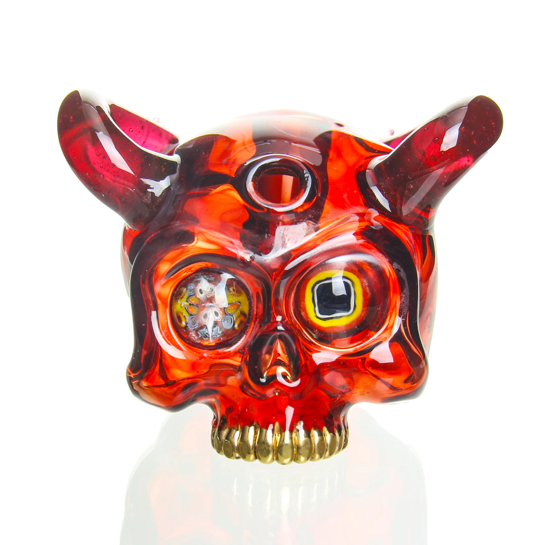 Sweeney Glass Kapala Skull with Horns and Millie Eyes Pomegranate and Gold Ruby — Pomegranate Kapala skull shown from alternate angle