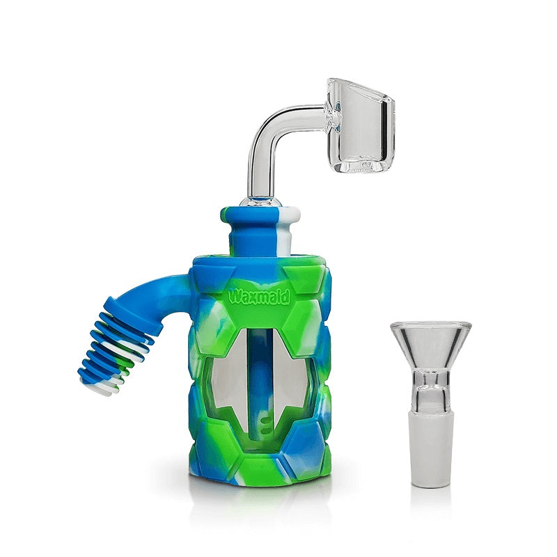 Waxmaid 5in Silicone and Glass Ash Catcher Kit Blue and Green — hybrid silicone and glass ash catcher kit, blue and green colorway