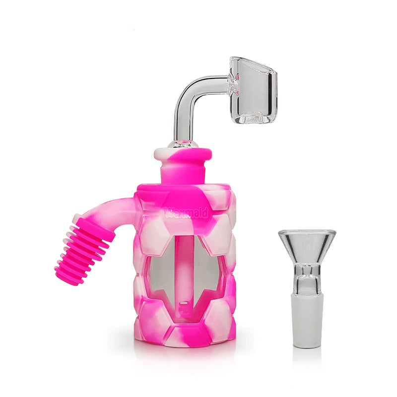 Waxmaid 5in Silicone and Glass Ash Catcher Kit Pink — hybrid silicone and glass ash catcher kit, pink colorway