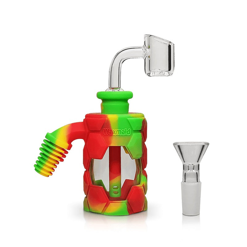 Waxmaid 5in Silicone and Glass Ash Catcher Kit Rasta — hybrid silicone and glass ash catcher kit, rasta colorway