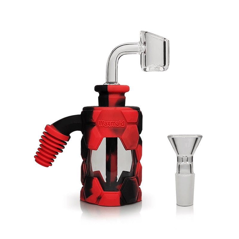 Waxmaid 5in Silicone and Glass Ash Catcher Kit Red and Black — hybrid silicone and glass ash catcher kit, red and black colorway