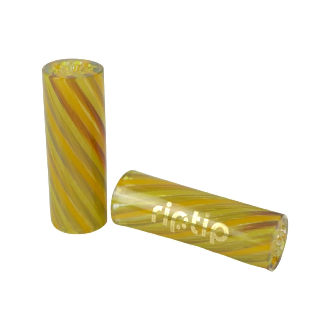 Yellow Submarine Pinstripe Gordo Scientific Rip Tips with white branding, reusable glass filter tips for joints, offering a stylish and eco-friendly smoking option.
