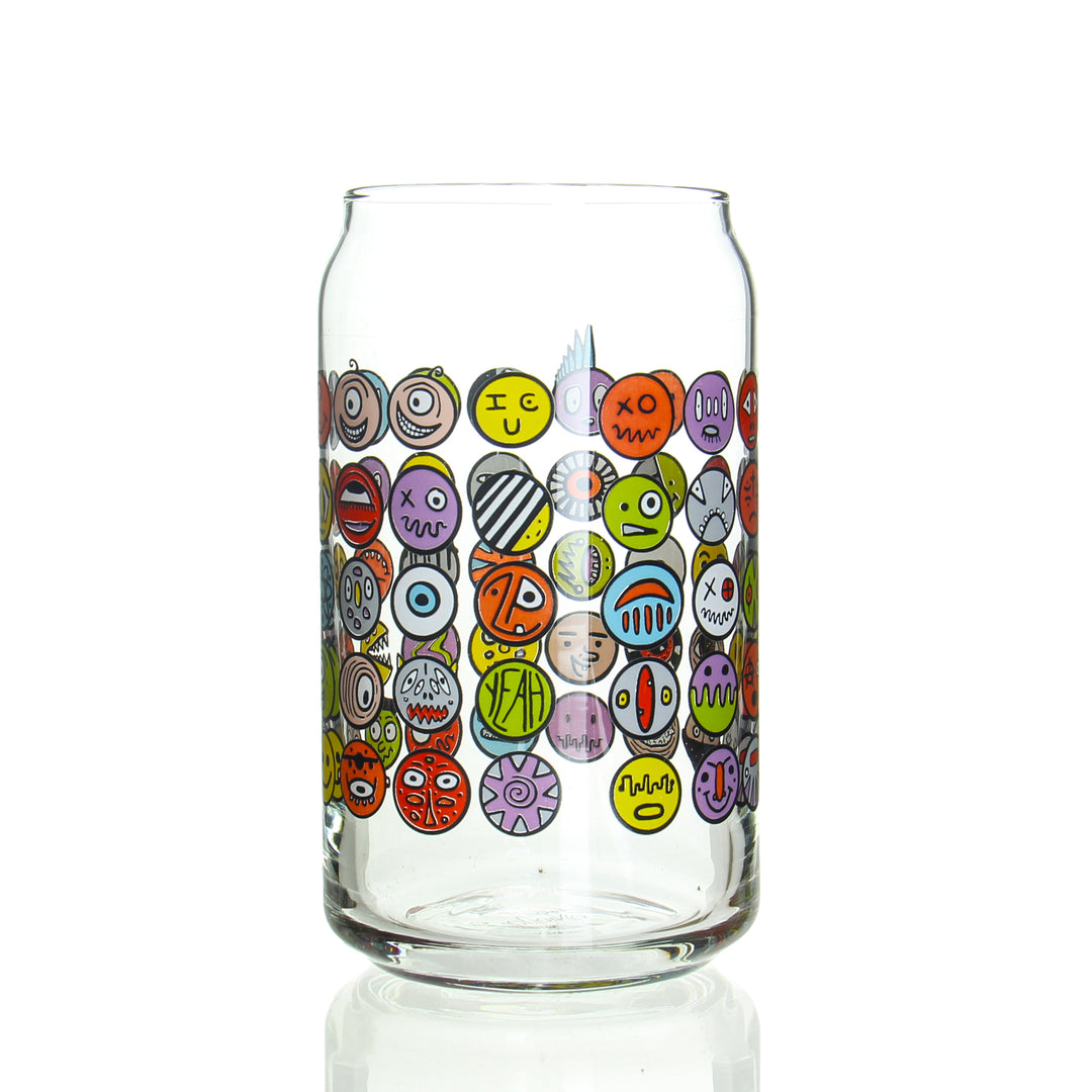 Zach P 16oz Drinking Glass Happy Face — handblown 16oz borosilicate drinking glass with Zach P Happy Face artwork