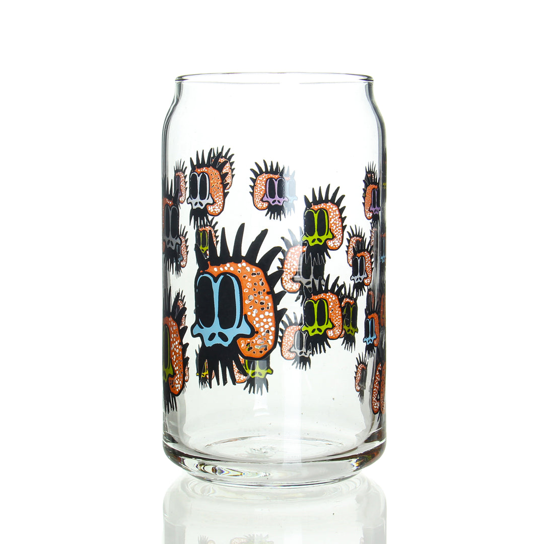 Zach P 16oz Drinking Glass Skullz Cup v2 — handblown 16oz borosilicate drinking glass with Zach P Skullz artwork