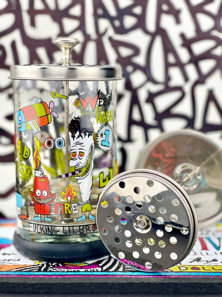 Zach P Soak Jar Hi Af — handblown borosilicate soak jar for dab tool cleaning with Hi Af artwork