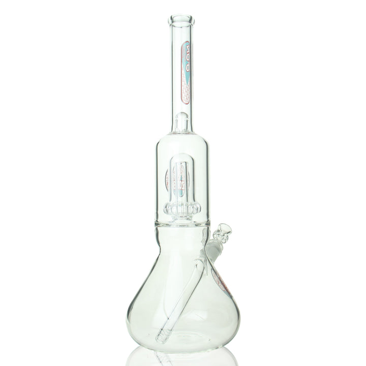 ZOB 17-inch UFO beaker — red and light blue glass water pipe, side profile view